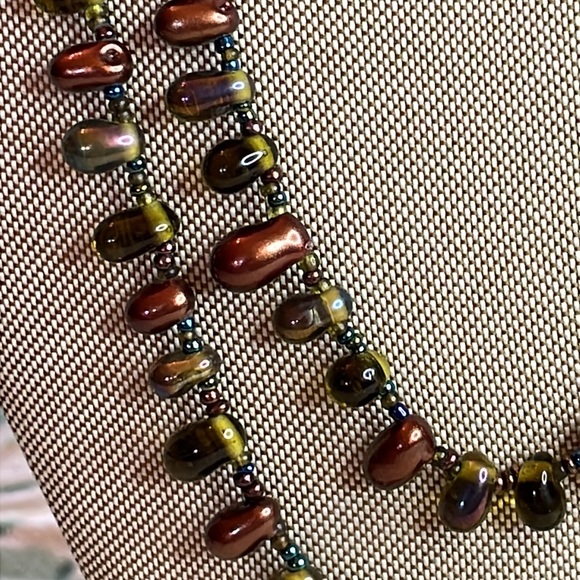 Bronze and green oblong glass beads and tiny seed bead spacer bead long necklace - Picture 3 of 8